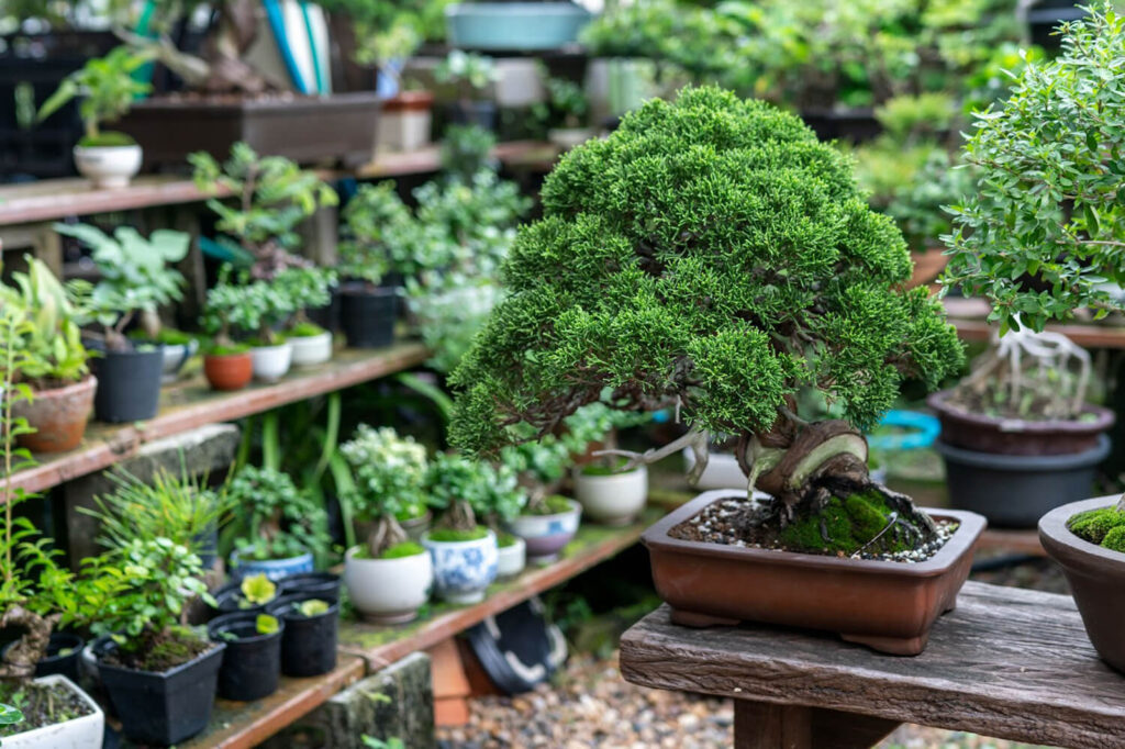 Bonsai trees for sale in a local bonsai nursery